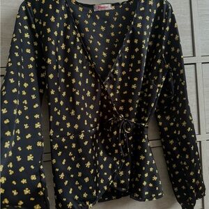 Vivace Black Floral Wrap Blouse – Long Sleeve Tie Waist